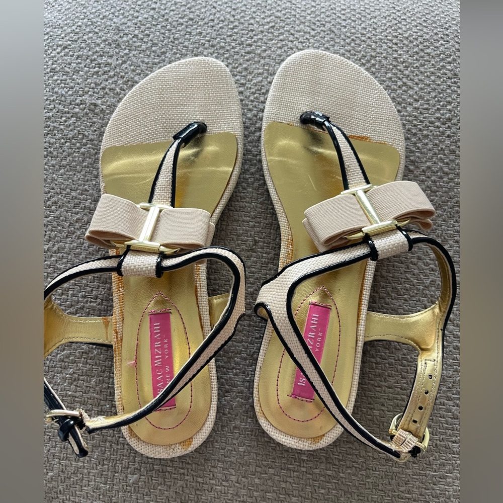 Stuart Weitzman Beige and Black Bow T-Strap Sandals with Gold Accent